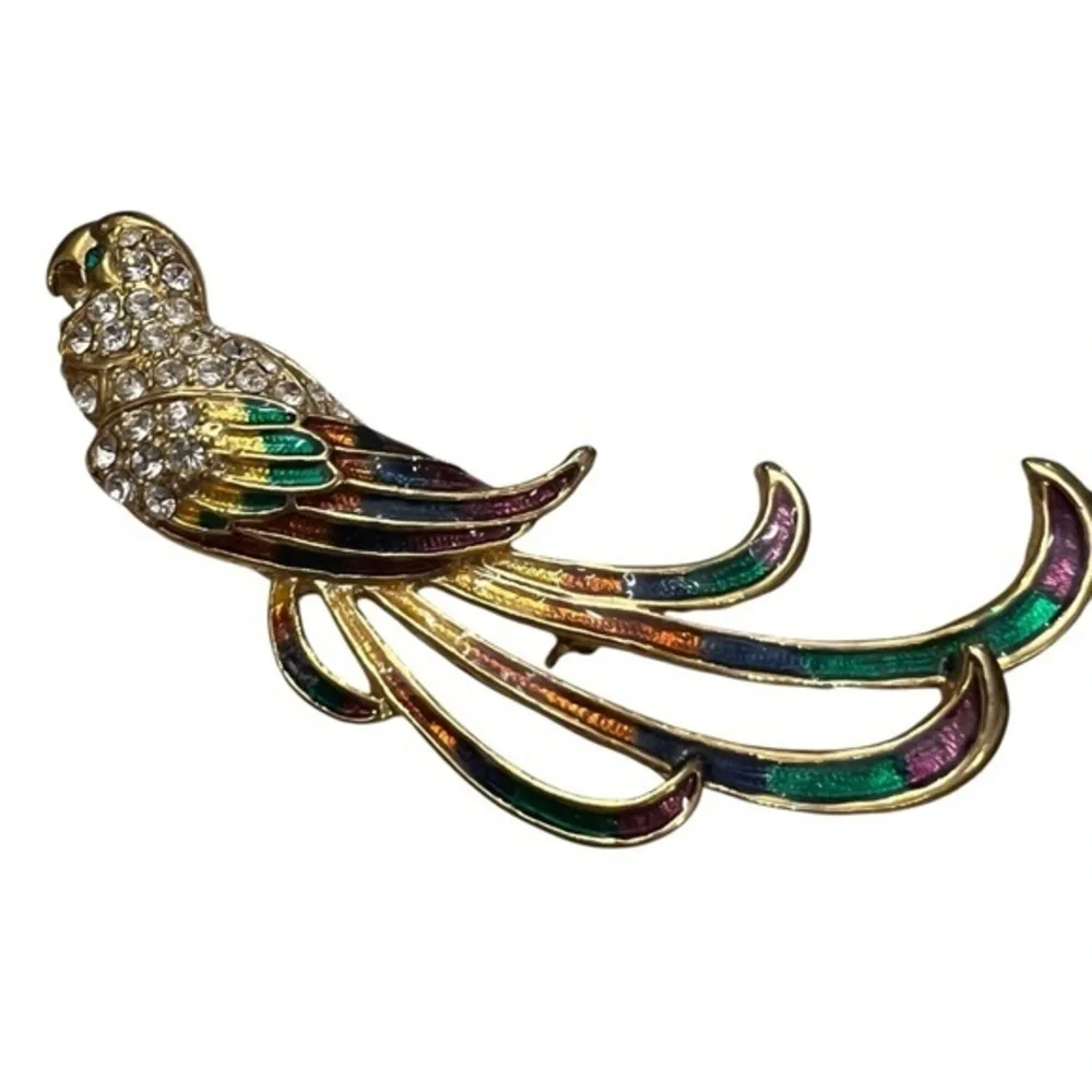 Large Bird‎ of Paradise Brooch Gold Tone Enamel Rhinestones Parrot Bird Colorful